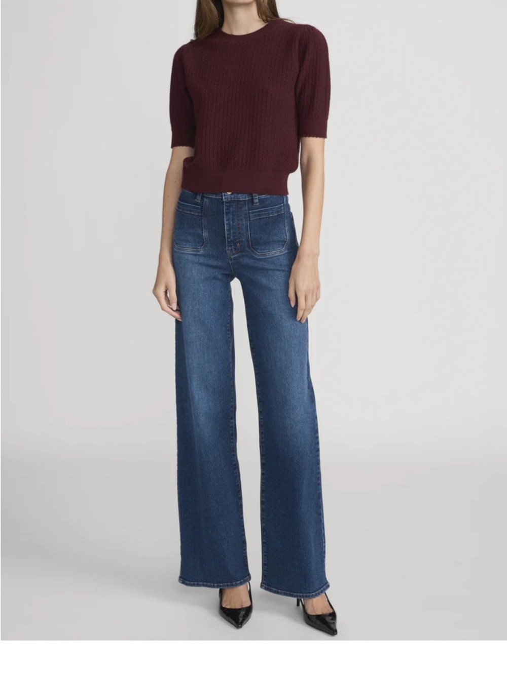 Frame Denim Dark Blue High-Rise Wide Leg Jeans with Front Patch Pockets